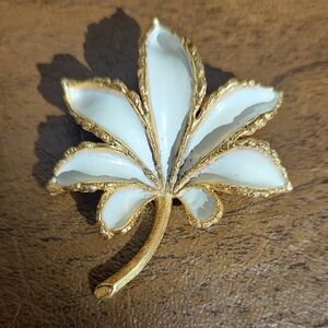 Elegant RSK Gold and White Enamel Palm Frond Brooch